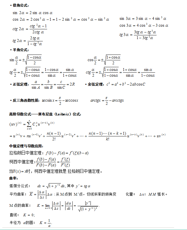 2021年福建成人高考专升本高数（二）常用公式