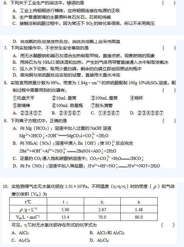 2019年福建成考高起专化学选择题(二)